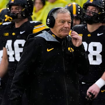 Iowa Hawkeyes head coach Kirk Ferentz is pictured on the sidelines Nov. 8, 2025 before a Big Ten Football game against the Oregon Ducks at Kinnick Stadium in Iowa City, Iowa.