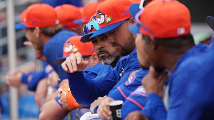 Feb 28, 2026; Port St. Lucie, Florida, USA;  New York Mets wait to take the field against the Washington Nationals at Clover Park. Mandatory Credit: Jim Rassol-Imagn Images