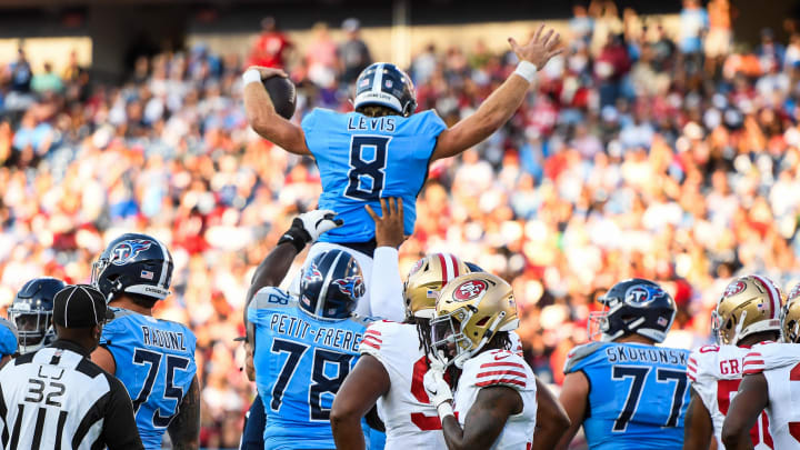 Aug 10, 2024; Nashville, Tennessee, USA;  Tennessee Titans Will Levis (8) celebrates his touchdown against the San Francisco 49ers during the first half at Nissan Stadium. Mandatory Credit: Steve Roberts-USA TODAY Sports