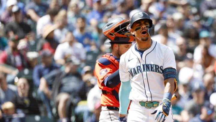 Seattle Mariners center fielder Julio Rodriguez (44) reacts after striking out swinging against the Houston Astros during the sixth inning at T-Mobile Park on May 30.
