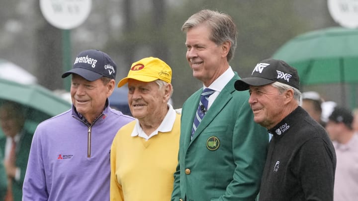Apr 7, 2022; Augusta, Georgia, USA; Honorary starters Tom Watson, Jack Nicklaus and Gary Player pose Apr 7, 2022; Augusta, Georgia, USA; Honorary starters Tom Watson, Jack Nicklaus and Gary Player pose
