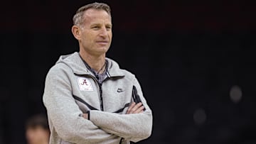 Mar 26, 2025; Newark, NJ, USA; Alabama Crimson Tide head coach Nate Oats during a practice session in preparation for an East Regional semifinal game against the Brigham Young Cougars at Prudential Center. Mandatory Credit: Vincent Carchietta-Imagn Images
