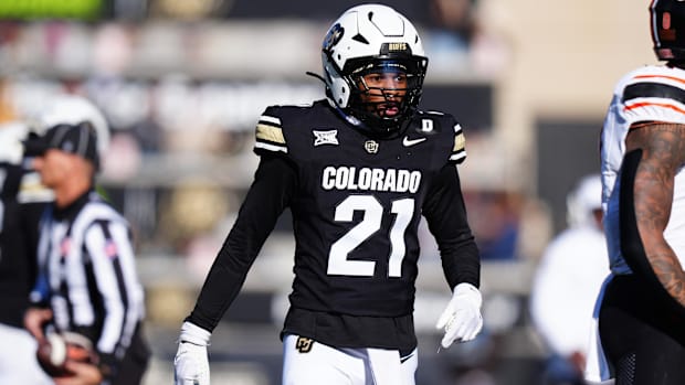 Nov 29, 2024; Boulder, Colorado, USA; Colorado Buffaloes safety Shilo Sanders (21) reacts in the second quarter against the O