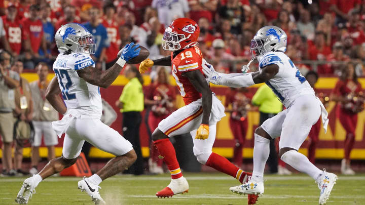 Sep 7, 2023; Kansas City, Missouri, USA; Detroit Lions safety Brian Branch (32) intercepts a pass intended for Kansas City Chiefs wide receiver Kadarius Toney (19) during the second half at GEHA Field at Arrowhead Stadium. Mandatory Credit: Denny Medley-USA TODAY Sports