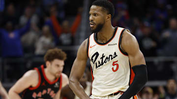 Nov 25, 2024; Detroit, Michigan, USA;  Detroit Pistons guard Malik Beasley (5) : Rick Osentoski-Imagn Images