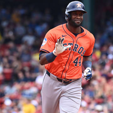 Aug 11, 2024; Boston, Massachusetts, USA; Houston Astros left fielder Yordan Alvarez (44) reacts to hitting a home run during the fifth inning against the Boston Red Sox at Fenway Park.