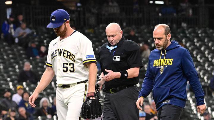 Apr 30, 2026; Milwaukee, Wisconsin, USA;  Milwaukee Brewers starting pitcher Brandon Woodruff (53) walks off the mound with an injury in the second inning against the Arizona Diamondbacks at American Family Field. Mandatory Credit: Benny Sieu-Imagn Images