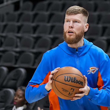 Jan 3, 2024; Atlanta, Georgia, USA; Oklahoma City Thunder forward Davis Bertans (9) on the court prior to the game against the Atlanta Hawks at State Farm Arena. Mandatory Credit: Dale Zanine-USA TODAY Sports