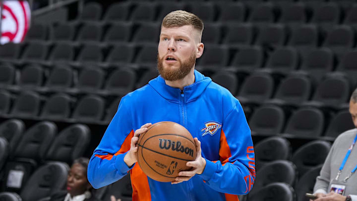 Jan 3, 2024; Atlanta, Georgia, USA; Oklahoma City Thunder forward Davis Bertans (9) on the court prior to the game against the Atlanta Hawks at State Farm Arena. Mandatory Credit: Dale Zanine-USA TODAY Sports