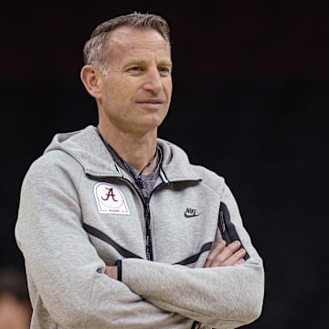 Mar 26, 2025; Newark, NJ, USA; Alabama Crimson Tide head coach Nate Oats during a practice session in preparation for an East Regional semifinal game against the Brigham Young Cougars at Prudential Center. Mandatory Credit: Vincent Carchietta-Imagn Images