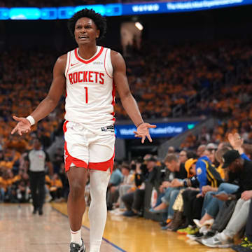 May 2, 2025; San Francisco, California, USA; Houston Rockets forward Amen Thompson (1) looks for a foul call after a play against the Golden State Warriors in the second quarter of game six of the first round for the 2025 NBA Playoffs at Chase Center. Mandatory Credit: Cary Edmondson-Imagn Images