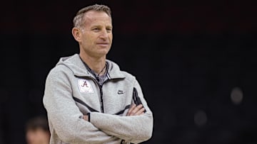 Mar 26, 2025; Newark, NJ, USA; Alabama Crimson Tide head coach Nate Oats during a practice session in preparation for an East Regional semifinal game against the Brigham Young Cougars at Prudential Center. Mandatory Credit: Vincent Carchietta-Imagn Images