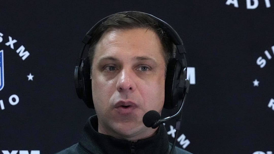 Feb 27, 2024; Indianapolis, IN, USA; Kansas City Chiefs general manager Brett Veach on the SiriusXM radio set at the NFL Scouting Combine at Indiana Convention Center. Mandatory Credit: Kirby Lee-Imagn Images