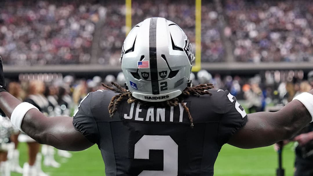 Dec 28, 2025; Paradise, Nevada, USA; Las Vegas Raiders running back Ashton Jeanty (2) enters the field before the game against the New York Giants at Allegiant Stadium. Mandatory Credit: Kirby Lee-Imagn Images