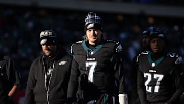 Jan 5, 2025; Philadelphia, Pennsylvania, USA; Philadelphia Eagles quarterback Kenny Pickett (7) walks off the field at halftime against the New York Giants at Lincoln Financial Field. Mandatory Credit: Bill Streicher-Imagn Images