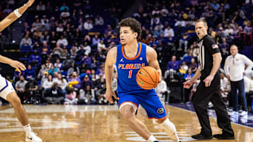 Feb 22, 2025; Baton Rouge, Louisiana, USA;  Florida Gators guard Walter Clayton Jr. (1) brings the ball up court against the LSU Tigers during the second half at Pete Maravich Assembly Center. Mandatory Credit: Stephen Lew-Imagn Images