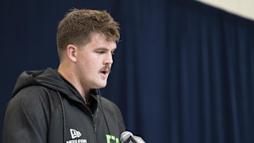 Mar 1, 2025; Indianapolis, IN, USA; North Dakota State University offensive lineman Grey Zabel (OL50) answers questions at a press conference during the 2025 NFL Combine at Indiana Convention Center.