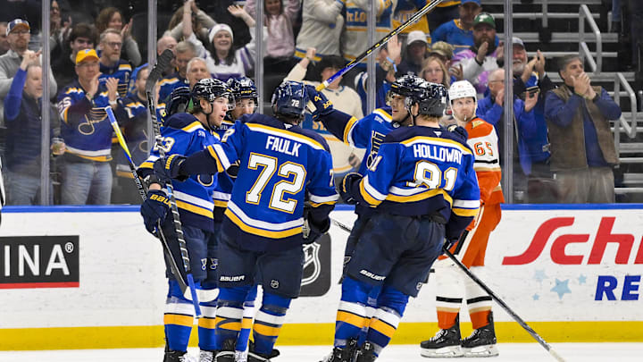 Mar 16, 2025; St. Louis, Missouri, USA;  St. Louis Blues left wing Jake Neighbours (63) celebrates with teammates after scoring against the Anaheim Ducks during the third period at Enterprise Center. Mandatory Credit: Jeff Curry-Imagn Images