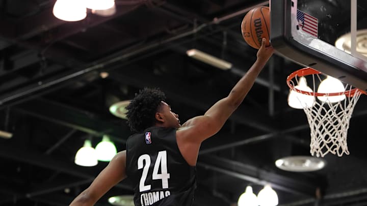 Jul 8, 2022; Las Vegas, NV, USA; Brooklyn Nets guard Cam Thomas (24) shoots against the Milwaukee Bucks during an NBA Summer League game at Cox. Mandatory Credit: Stephen R. Sylvanie-USA TODAY Sports