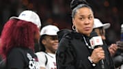 South Carolina Coach Dawn Staley apologizes after her team was involved in a scuffle with LSU in the fourth quarter, as the team was about to be presented the championship trophy, after the SEC Women's Basketball Tournament Championship at the Bon Secours Wellness Arena in Greenville, S.C. Sunday, March 10, 2024.