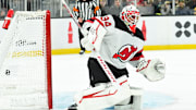 Apr 15, 2025; Boston, Massachusetts, USA; Boston Bruins center Morgan Geekie (39) (not pictured) scores a goal past New Jersey Devils goaltender Jake Allen (34) during the first period at TD Garden. Mandatory Credit: Bob DeChiara-Imagn Images