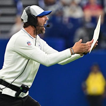 Aug 11, 2024; Indianapolis, Indiana, USA;  Indianapolis Colts head coach Shane Steichen calls a timeout during the second half of the game against the Denver Broncos at Lucas Oil Stadium. Mandatory Credit: Marc Lebryk-Imagn Images