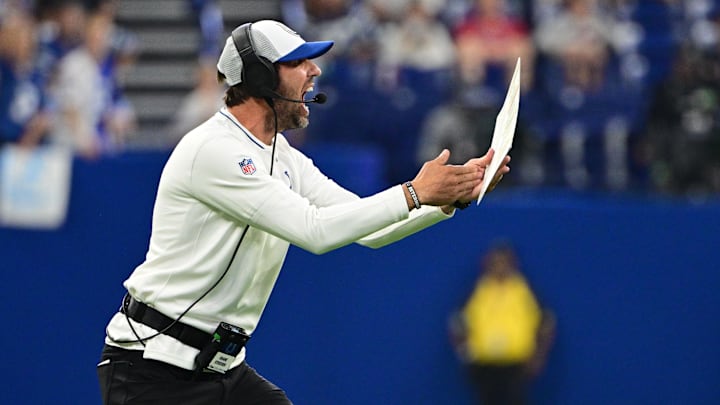 Aug 11, 2024; Indianapolis, Indiana, USA;  Indianapolis Colts head coach Shane Steichen calls a timeout during the second half of the game against the Denver Broncos at Lucas Oil Stadium. Mandatory Credit: Marc Lebryk-Imagn Images