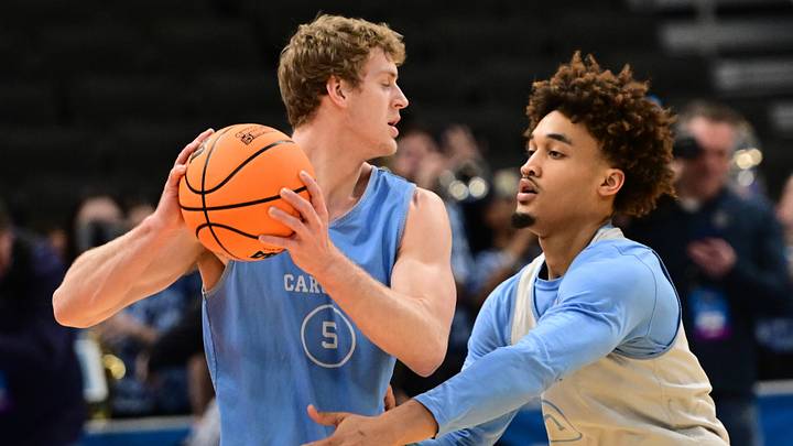 Mar 20, 2025; Milwaukee, WI, USA;  North Carolina Tar Heels guard Cade Tyson (5) and guard Seth Trimble (7) work out during NCAA Tournament First Round Practice at Fiserv Forum. Mandatory Credit: Benny Sieu-Imagn Images