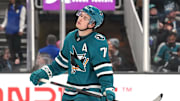Nov 8, 2025; San Jose, California, USA; San Jose Sharks center Macklin Celebrini (71) reacts after a missed scoring opportunity against the Florida Panthers during the second period at SAP Center at San Jose. Mandatory Credit: Darren Yamashita-Imagn Images