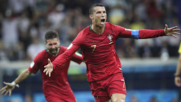 Jun 15, 2018; Sochi, Russia; Portugal forward Cristiano Ronaldo (7) celebrates after scoring a goal against Spain in Group B play during the FIFA World Cup 2018 at Fisht Stadium. Mandatory Credit: Leonel de Castro/Global Images/Sipa USA via Imagn Images