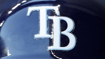 Aug 9, 2022; Milwaukee, Wisconsin, USA;  The Tampa Bay Rays logo on a batting helmet prior to the game against the Milwaukee Brewers at American Family Field. 