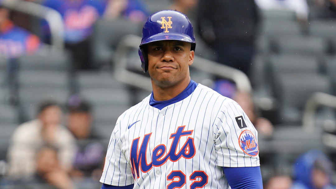 May 28, 2025; New York, New York, USA; New York Mets right fielder Juan Soto (22) reacts after striking out during the game against the Chicago White Sox at Citi Field. Mandatory Credit: Lucas Boland-Imagn Images