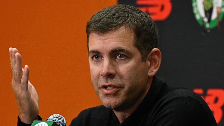 Sep 25, 2025; Boston, MA, USA;  /Boston Celtics president of basketball operations Brad Stevens speaks during a press conference at Auerbach Center. Mandatory Credit: Eric Canha-Imagn Images