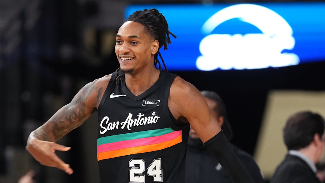 Mar 6, 2026; San Antonio, Texas, USA; San Antonio Spurs guard Devin Vassell (24) and forward Keldon Johnson (3) react during the second half against the Los Angeles Clippers at Frost Bank Center. Mandatory Credit: Scott Wachter-Imagn Images