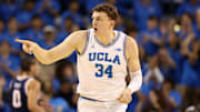 Nov 7, 2025; Los Angeles, California, USA;  UCLA Bruins forward Tyler Bilodeau (34) reacts after scoring a goal during the first half against the Pepperdine Waves at Pauley Pavilion presented by Wescom Financial. Mandatory Credit: Kiyoshi Mio-Imagn Images