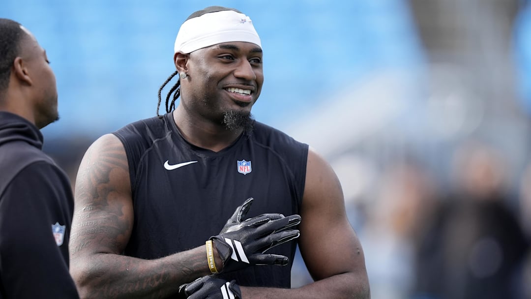 Dec 21, 2025; Charlotte, North Carolina, USA; Carolina Panthers wide receiver Xavier Legette (17) during pregame warmups at Bank of America Stadium. Mandatory Credit: Jim Dedmon-Imagn Images