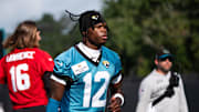 Jacksonville Jaguars wide receiver Travis Hunter (12) jogs to his first drill during the Jacksonville Jaguars’ third mandatory minicamp Thursday June 12, 2025 at the Miller Electric Center in Jacksonville, Fla. [Doug Engle/Florida Times-Union]
