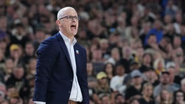 Connecticut Huskies head coach Dan Hurley shouts at his team during the Men's NCAA national championship game against the Purdue Boilermakers at State Farm Stadium in Glendale on April 8, 2024.