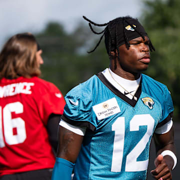 Jacksonville Jaguars wide receiver Travis Hunter (12) jogs to his first drill during the Jacksonville Jaguars’ third mandatory minicamp Thursday June 12, 2025 at the Miller Electric Center in Jacksonville, Fla. [Doug Engle/Florida Times-Union]