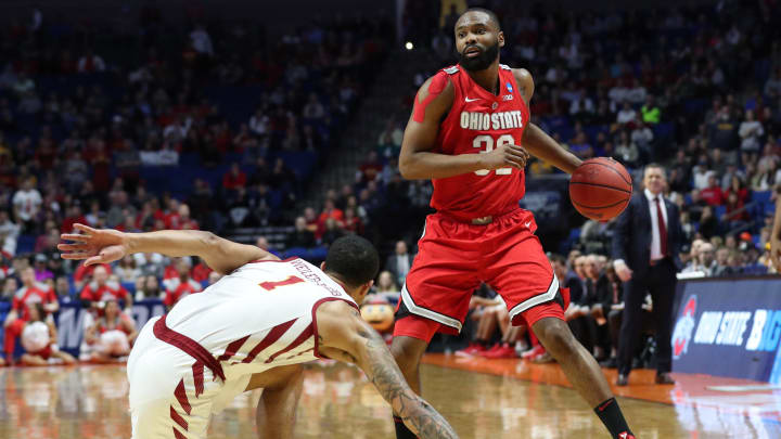 Mar 22, 2019; Tulsa, OK, USA; Ohio State Buckeyes guard Keyshawn Woods (32) dribbles the ball against Iowa State Cyclones guard Nick Weiler-Babb (1) during the first half in the first round of the 2019 NCAA Tournament at BOK Center. Mandatory Credit: Brett Rojo-USA TODAY Sports