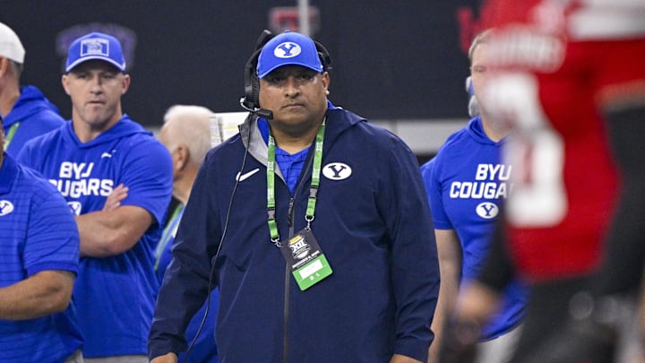 Dec 6, 2025; Arlington, TX, USA; BYU Cougars head coach Kalani Sitake looks on during the game between the Red Raiders and the Cougars at AT&T Stadium. Mandatory Credit: Jerome Miron-Imagn Images