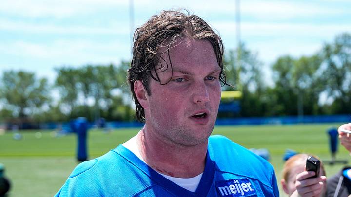 Detroit Lions offensive tackle Blake Miller speaks to media members during OTAs at Meijer Performance Center in Allen Park on Friday, May 29, 2026.