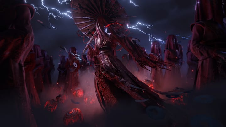 A dark, undead woman with glowing eyes and a tattered parasol in a field of strangely dressed humans in Where Winds Meet. 