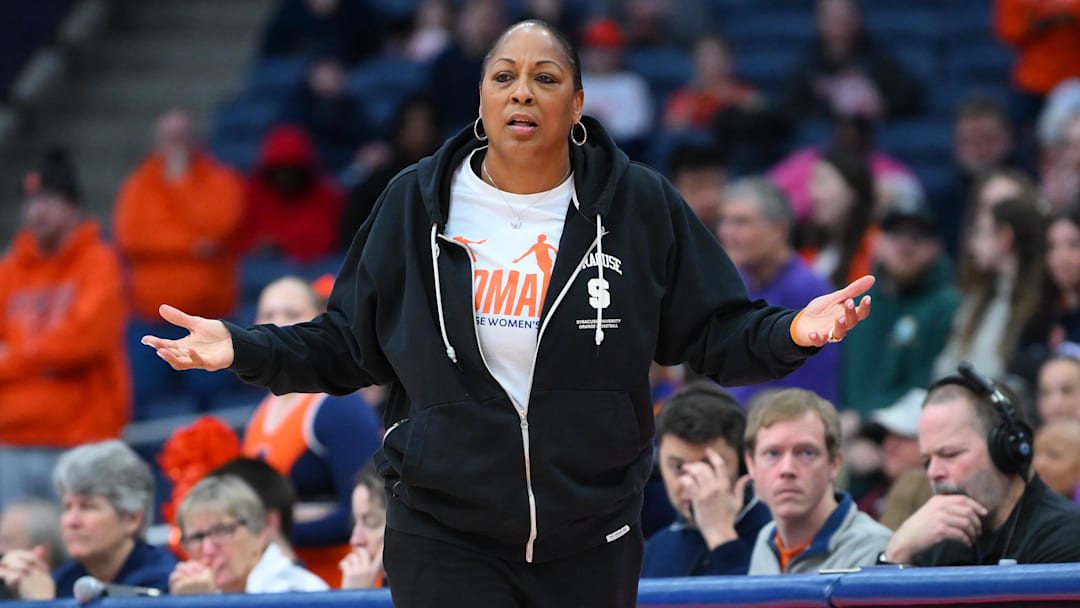 Feb 8, 2026; Syracuse, New York, USA; Syracuse Orange head coach Felisha Legette-Jack reacts during the first half against the Louisville Cardinals at the JMA Wireless Dome. Mandatory Credit: Rich Barnes-Imagn Images