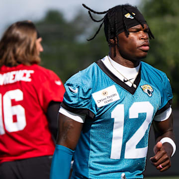 Jacksonville Jaguars wide receiver Travis Hunter (12) jogs to his first drill during the Jacksonville Jaguars’ third mandatory minicamp Thursday June 12, 2025 at the Miller Electric Center in Jacksonville, Fla. [Doug Engle/Florida Times-Union]