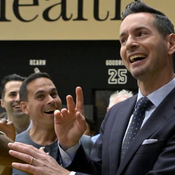 Jun 24, 2024; El Segundo, CA, USA; Los Angeles Lakers head coach JJ Redick laughs with members of the media following his introductory news conference at the UCLA Health Training Center. Mandatory Credit: Jayne Kamin-Oncea-USA TODAY Sports