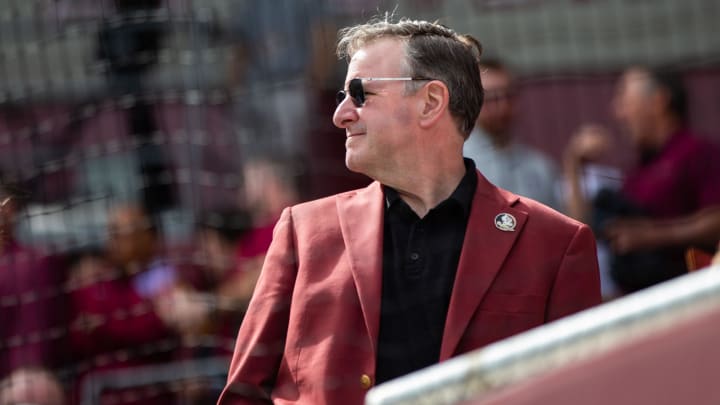 Florida State President Richard McCullough attends the celebration of life for legendary FSU baseball coach Mike Martin at Dick Howser Stadium on Saturday, Feb. 10, 2024.