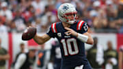 Nov 9, 2025; Tampa, Florida, USA; New England Patriots quarterback Drake Maye (10) throws downfield during the second quarter against the Tampa Bay Buccaneers at Raymond James Stadium. Mandatory Credit: Nathan Ray Seebeck-Imagn Images