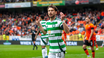 RECORD DATE NOT STATED 26th April 2025; Tannadice Park, Dundee, Scotland; Scottish Premiership Football, Dundee United versus Celtic; Nicolas Kuhn of Celtic celebrates in the 39th minute after he scored to make it 2-0 ActionPlus12779026 VagelisxGeorgariou