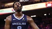 Nov 30, 2025; Sacramento, California, USA; Memphis Grizzlies forward/center Jaren Jackson Jr. (8) reacts after a play against the Sacramento Kings during the fourth quarter at Golden 1 Center. Mandatory Credit: Kelley L Cox-Imagn Images